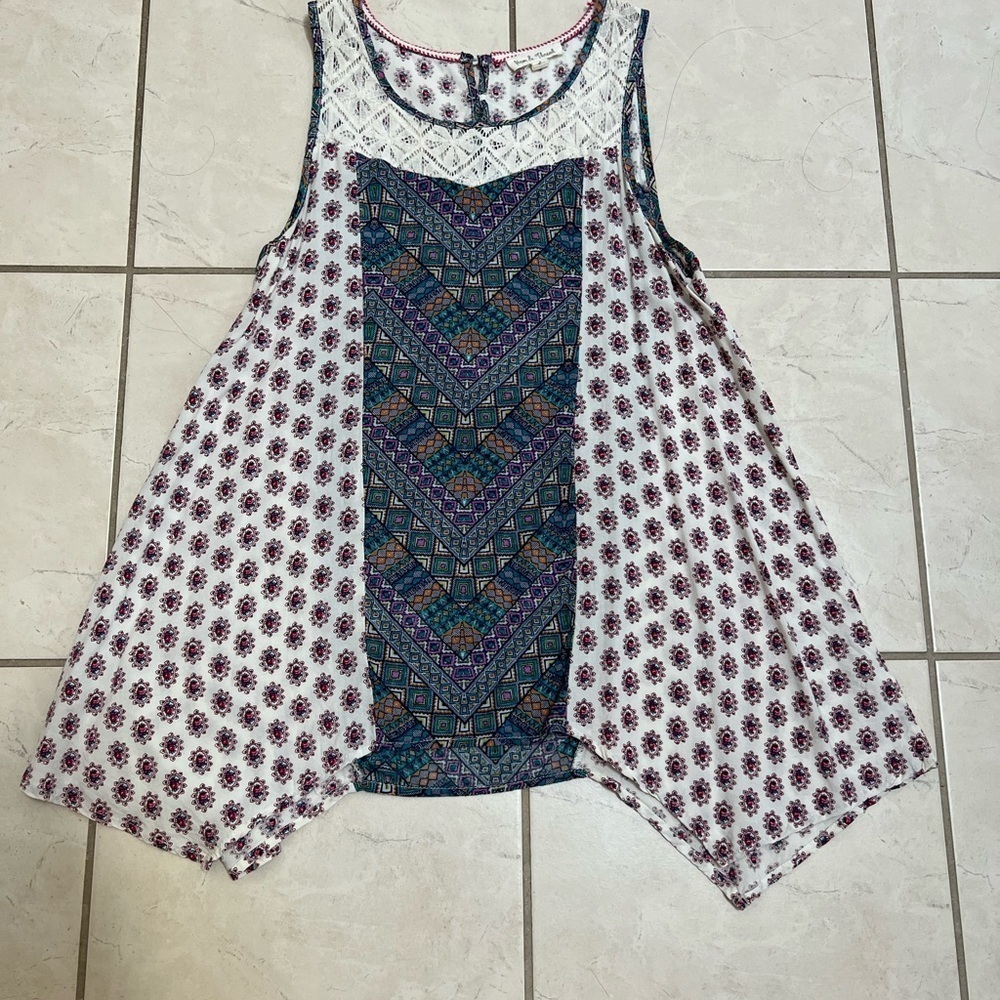 Hem & Thread White Floral Tank with Teal & Purple Center Panel and Lace Yoke